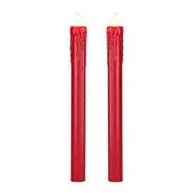 Set of 2 Red Dripping Wax 8 Inch Flameless Battery Operated Taper Candles Yellow LED Flame