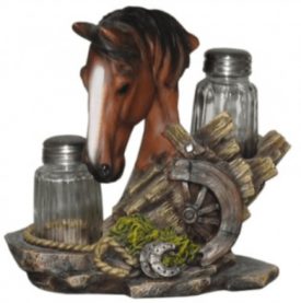 Horse Salt & Pepper Shaker Caddy Farm Country Kitchen Decor “Equine Spice” Brown