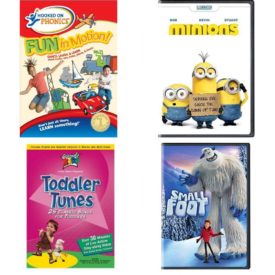 DVD Children's Movies 4 Pack Fun Gift Bundle: Hooked on Phonics: Fun in Motion, Minions, Toddler Tunes, Smallfoot