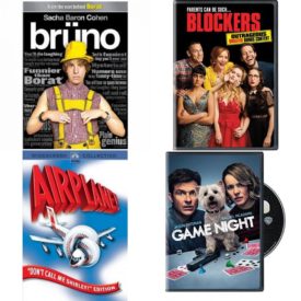 DVD Comedy Movies 4 Pack Fun Gift Bundle: Bruno, Blockers, Airplane: Don't Call Me Shirley, Game Night