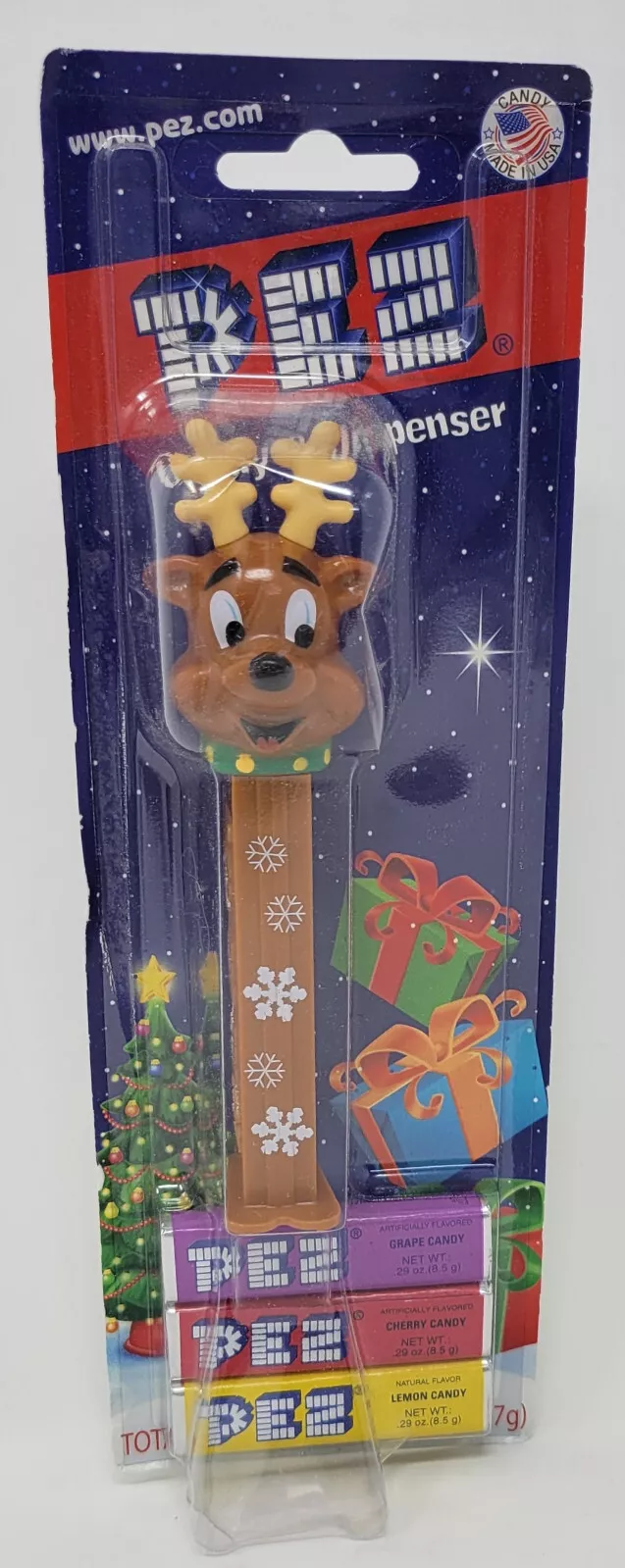 PEZ Candy Dispenser Snowflake Stem Christmas Reindeer with (3)-0.29 oz refills