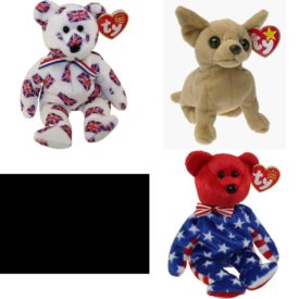 Assorted Ty Beanie Baby 4 Pack Bundle: TY Beanie Baby - Union JACK the Bear US Version Ty Beanie Babies Tiny the Chihuahua Dog Ty Beanie Babies - Freckles the Spotted Leopard Ty Beanie Babies Liberty - Bear Red USA Exclusive