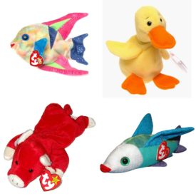 Assorted Ty Beanie Baby 4 Pack Bundle: Ty Beanie Babies - Aruba the Angelfish Ty Beanie Babies - Quackers The Duck TY Beanie Baby - SNORT the Bull 4002 Ty Beanie Baby Propeller the Flying Fish